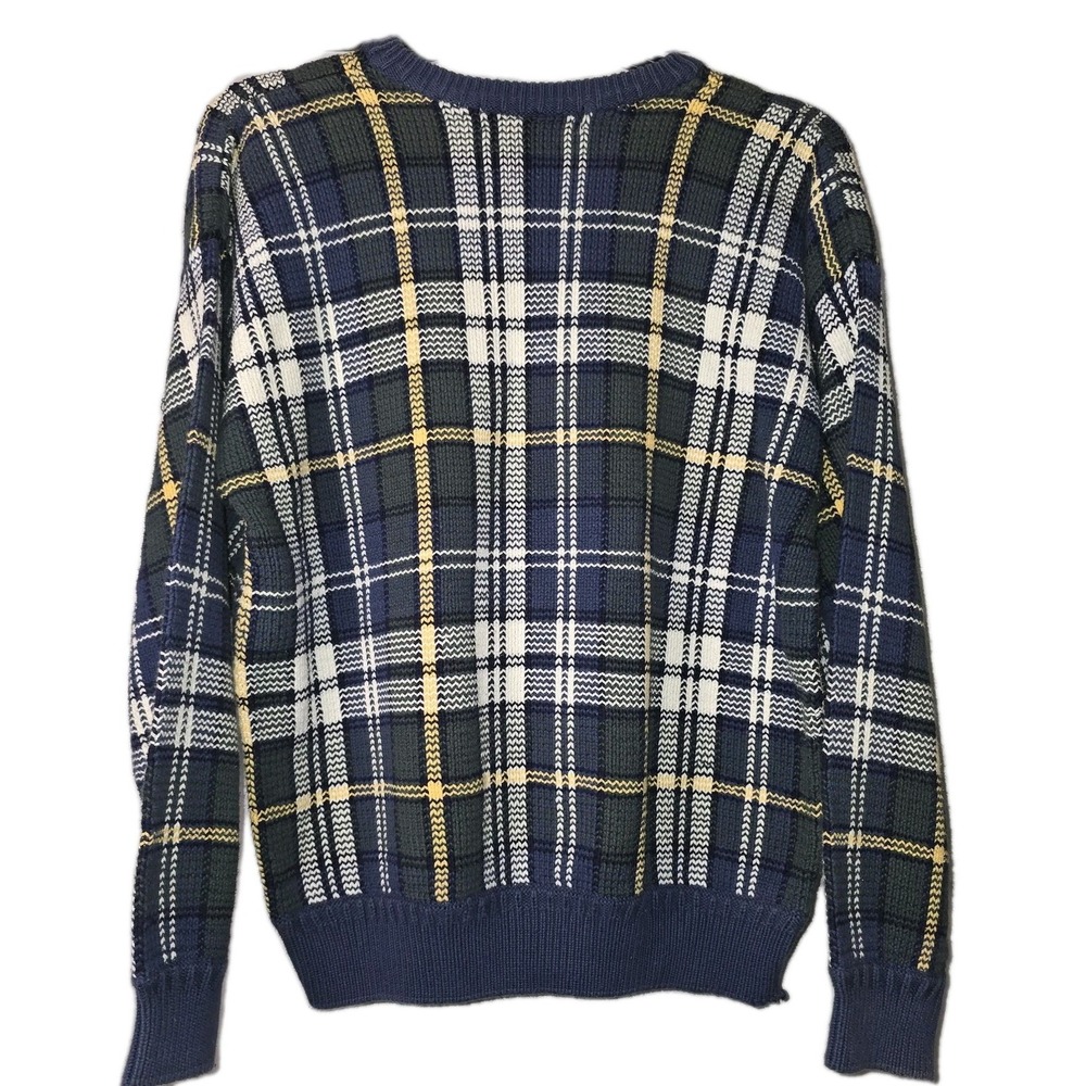 Vintage John Ashford Golf Sweater Crew Neck 100% Cotton Size XL Knit Blue‎ Plaid